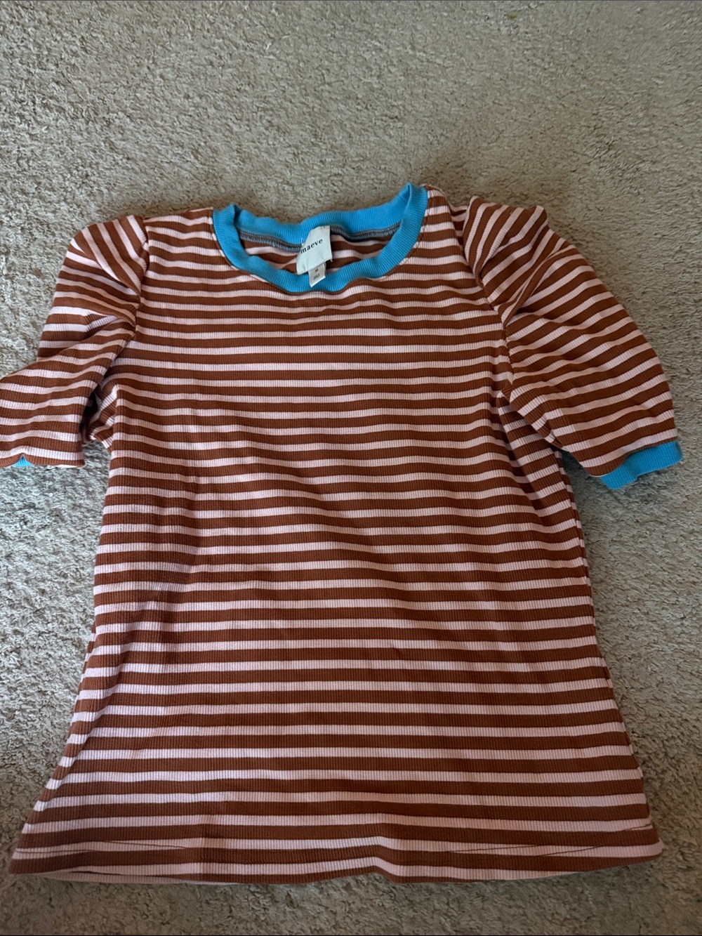 Maeve size m Striped Pink & Brown Ribbed Tee with Blue Trim
